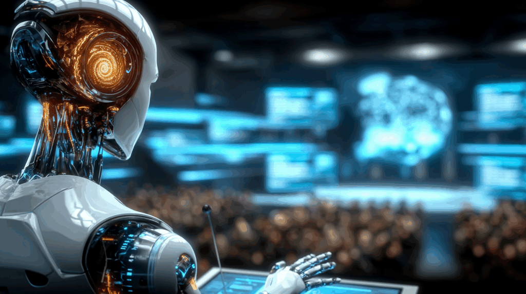 A humanoid robot in a tuxedo confidently pointing at glowing math equations on a digital board, smiling as if teaching, though the formulas make no sense.