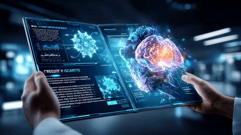 A humanoid robot addressing a large audience from a podium, glowing data screens behind it, delivering a speech with commanding authority.