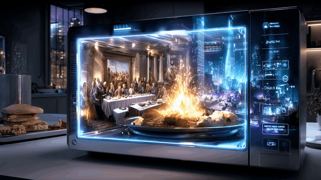 A futuristic microwave glowing with surreal energy, inside it a Renaissance-style banquet painting reheated alongside digital cityscapes, sparks flying dramatically.