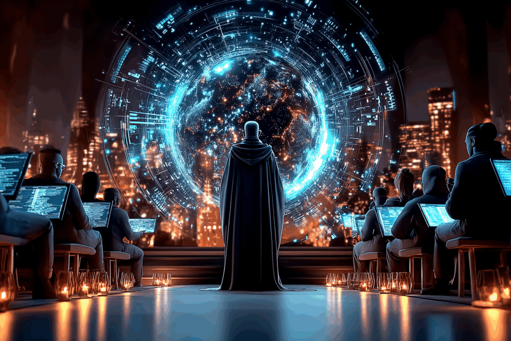 A cloaked figure stands before a massive glowing digital sphere surrounded by followers on laptops, as if preaching to a congregation of code.