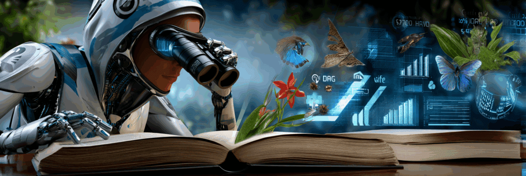 A humanoid robot using binoculars over an open field guide book, surrounded by butterflies, birds, and futuristic holograms.
