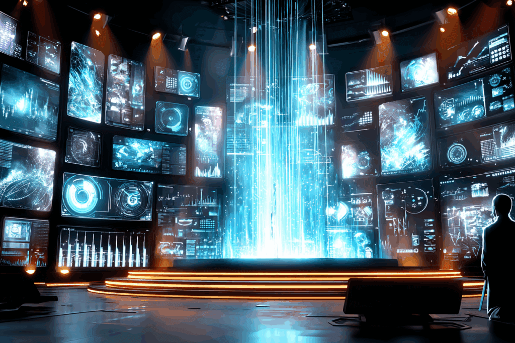 A vast digital hall lined with glowing data screens, a central column of light rising like a beacon, and a figure observing from below.