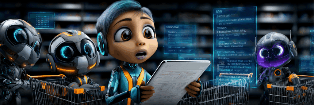 Cartoonish robots with shopping carts and a human handler, all staring at confusing digital overlays in a supermarket.