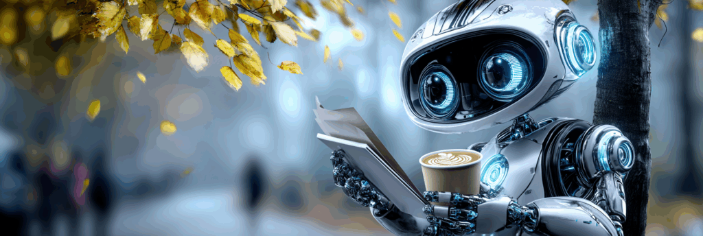 A shiny robot reading a clipboard and holding a latte, standing under autumn leaves.