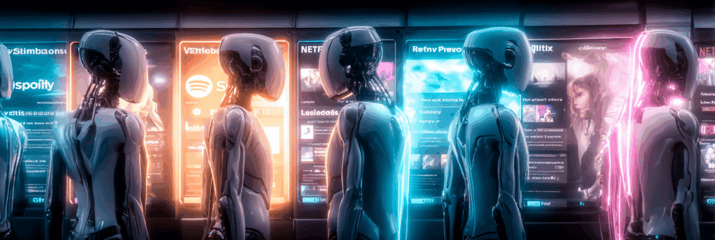 Robots lined up in front of glowing screens showing Netflix, Spotify, and other platforms, all receiving nearly identical recommendations.