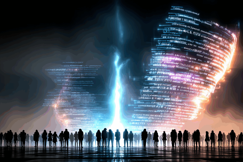 Silhouetted crowd facing two towering tornadoes of glowing code twisting toward a blinding light, evoking awe and technological worship.