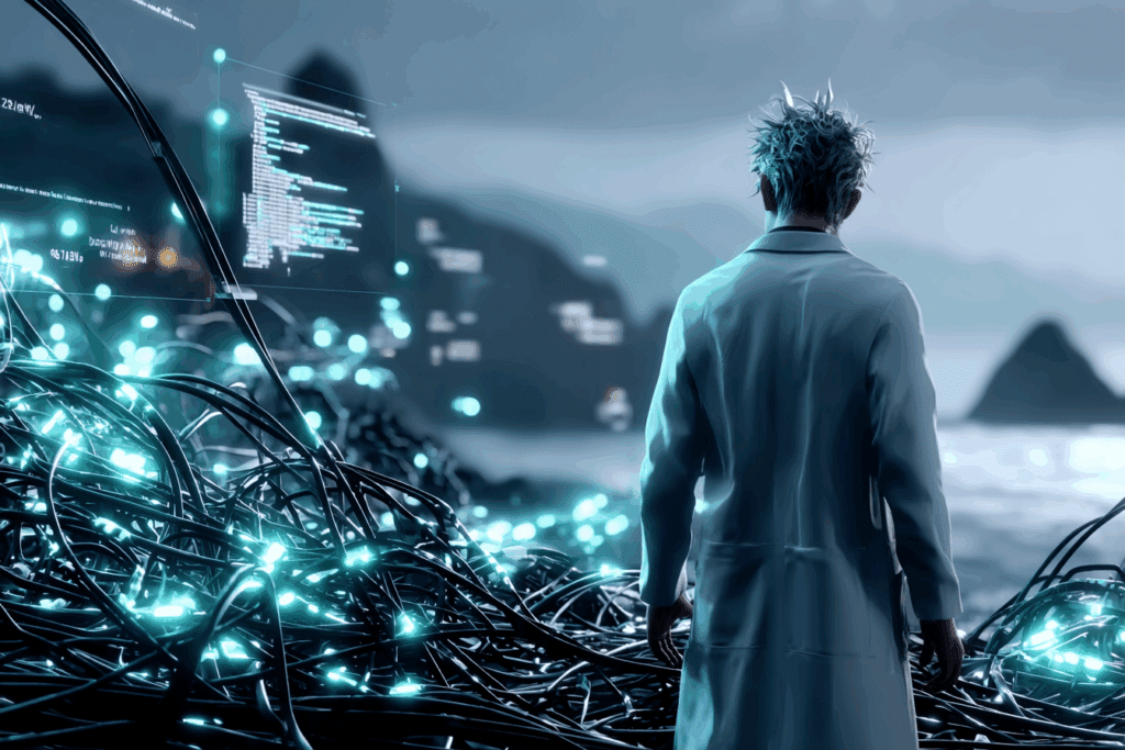 A lone scientist in a lab coat stands on a rocky coast surrounded by tangled glowing cables and holographic data displays.