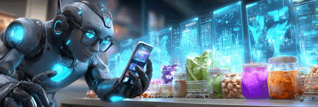 A robot with glasses scrolling on a phone, jars of data-like food items on a table, glowing holographic charts in the background.
