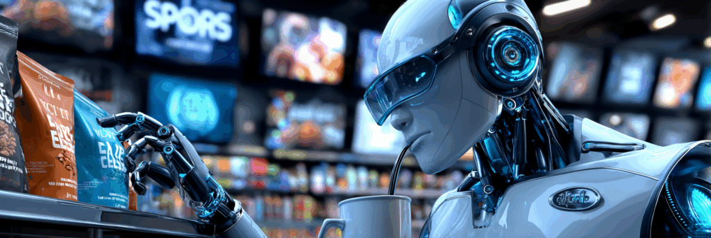 A robot sipping a drink in a supermarket, scanning bags of snacks, glowing screens in the background.