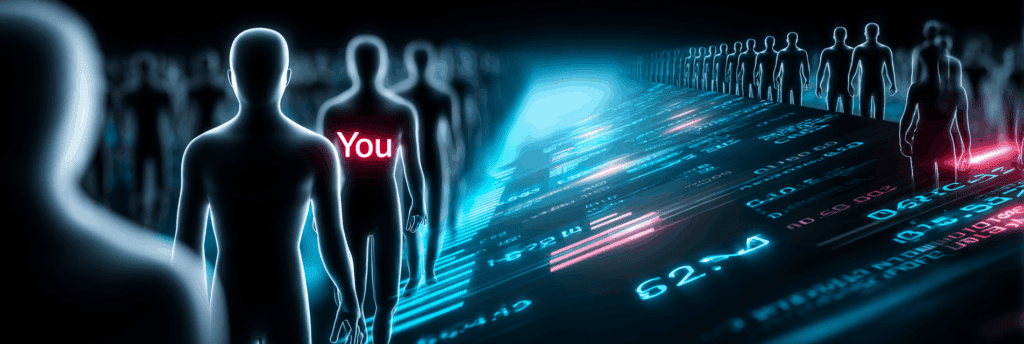 A digital crowd of identical human silhouettes in a data stream, with one labeled “You” in red text.