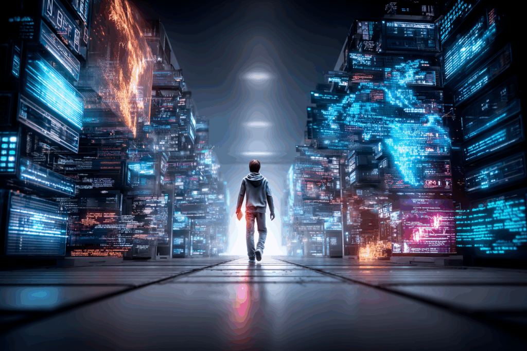 A lone person walks through a corridor of towering data servers glowing with blue and orange light, evoking pilgrimage through digital cathedrals.