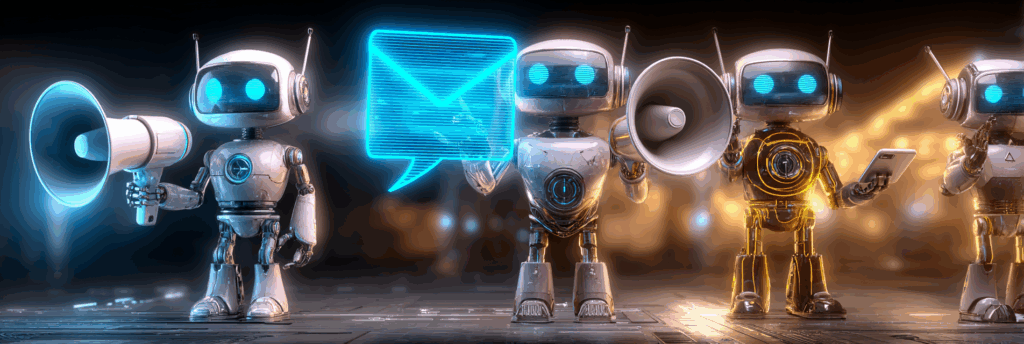 Four small robots holding megaphones and projecting digital messages, glowing in neon light.