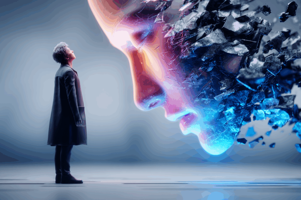 A person stands before a massive, fractured digital face dissolving into blue shards, symbolizing the collapse of belief in technological divinity.
