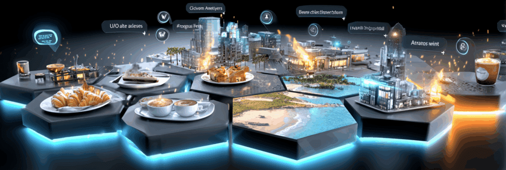 A futuristic tabletop map showing miniature cities, burning buildings, coffee cups, and croissants connected by glowing pathways.