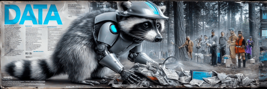 A raccoon with robotic parts digging through trash labeled “data,” with humans watching like scientists.