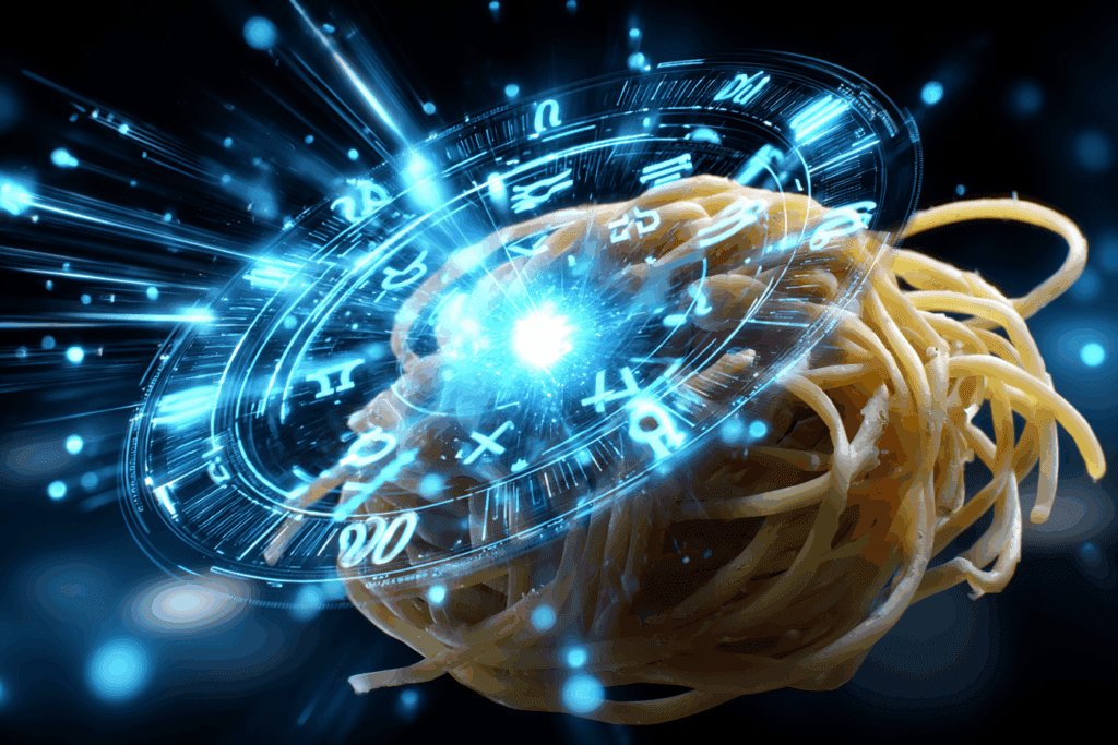 A swirling burst of glowing zodiac symbols radiates from a tangled nest of spaghetti, parodying an astrological chart.