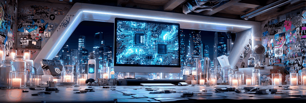A futuristic desk turned into a digital shrine, with candles surrounding a glowing computer monitor displaying a circuit board against a neon cityscape.