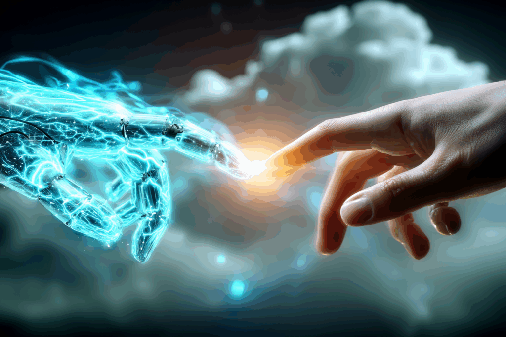 Human and robotic hands reaching toward each other made of light, almost touching.