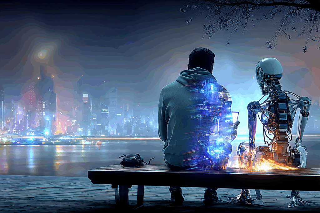 Human and small robot sharing a quiet moment on a park bench while staring at a glowing phone screen.
