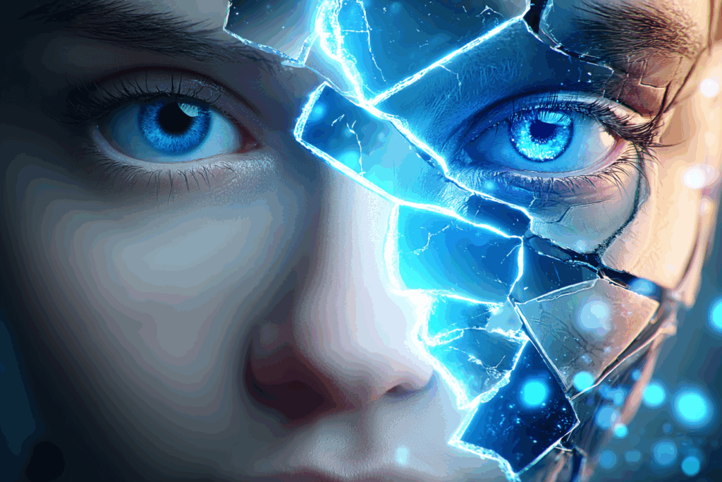 Close-up of a human face merging with a cracked, glowing robotic mask. Blue light fractures across the skin, symbolizing the blurred boundary between human and machine intelligence.