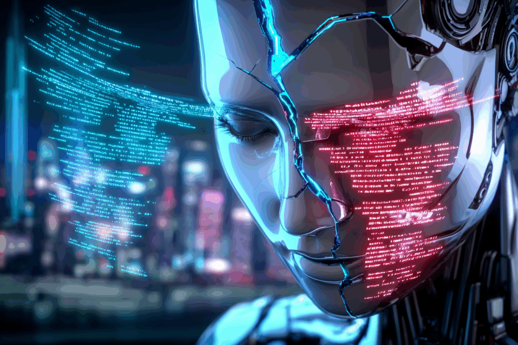 A humanoid robot with a cracked reflective face, glowing blue and red code streaming across its surface, suggesting the fracture between logic and illusion in artificial intelligence.
