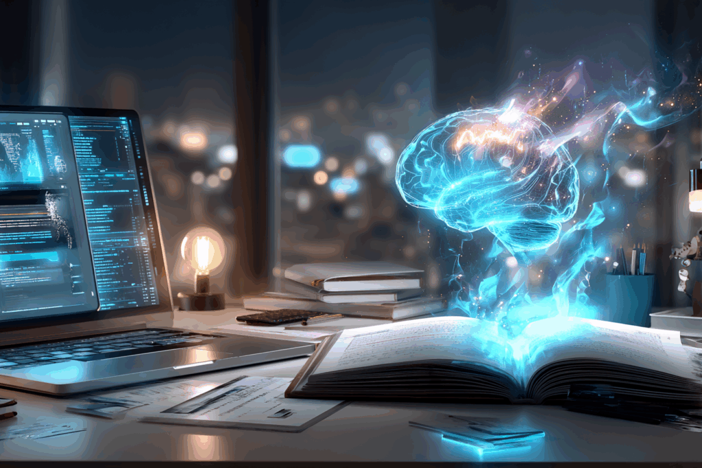 A glowing digital brain rises from an open notebook beside a laptop, symbolizing artificial creativity.