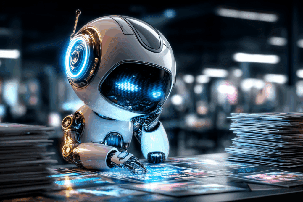A small robot studies stacks of printed images under bright lights, its glowing eyes reflecting the artwork spread across the table.