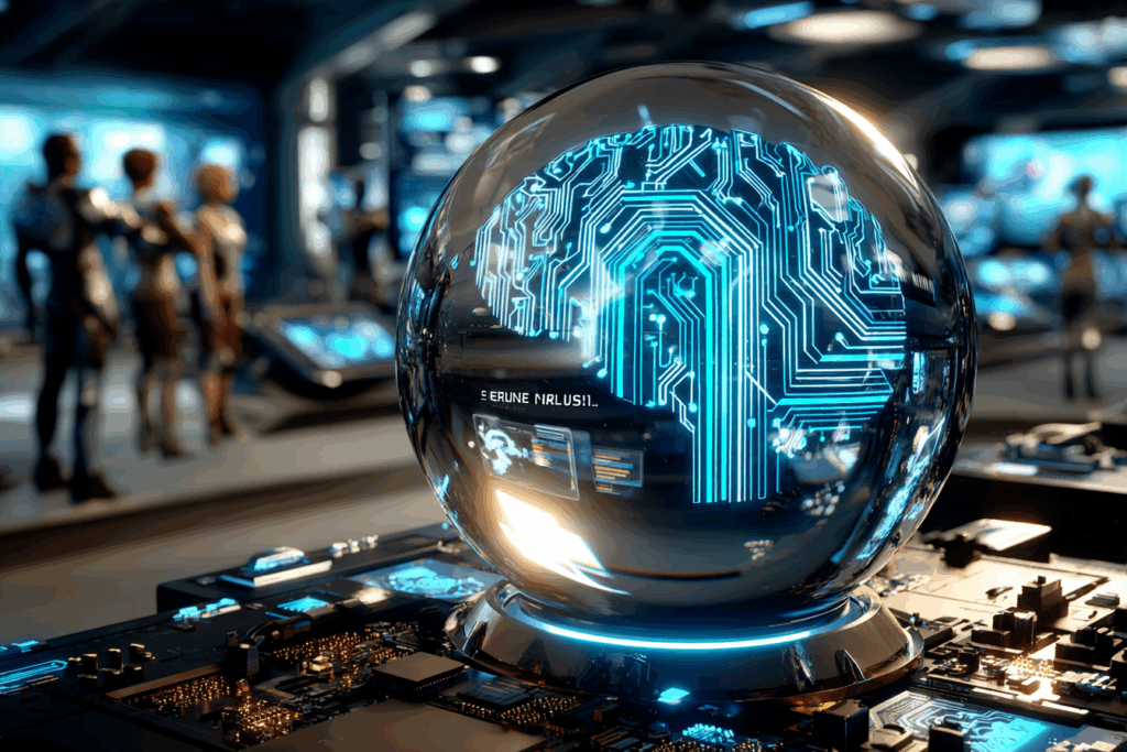 A glowing crystal ball filled with neon circuitry sits on a futuristic console, surrounded by humans observing as if consulting a digital oracle.