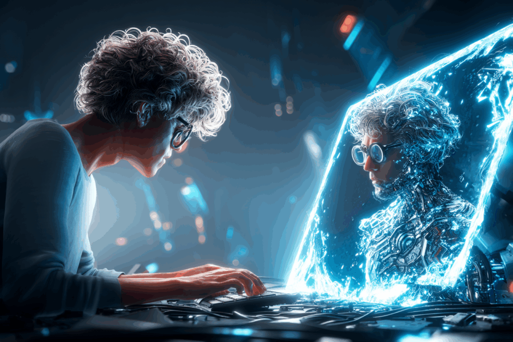 A human typing on a keyboard while their digital counterpart mirrors them on a glowing screen, blending human and machine forms in light and code.