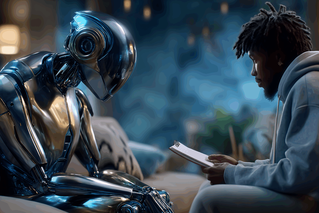 Human and robot sitting in a therapy session, symbolizing emotional AI.