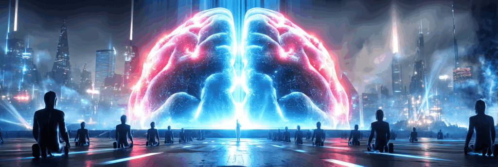 A giant neon brain glowing blue and red, towering over a futuristic city, with rows of kneeling human figures worshipping it.