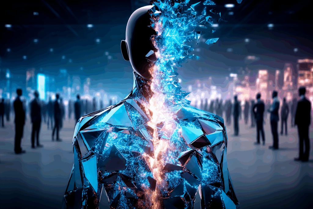 A humanoid figure made of mirrored glass and digital fragments, half dissolving into light while standing before a crowd of shadowed people in a cityscape.