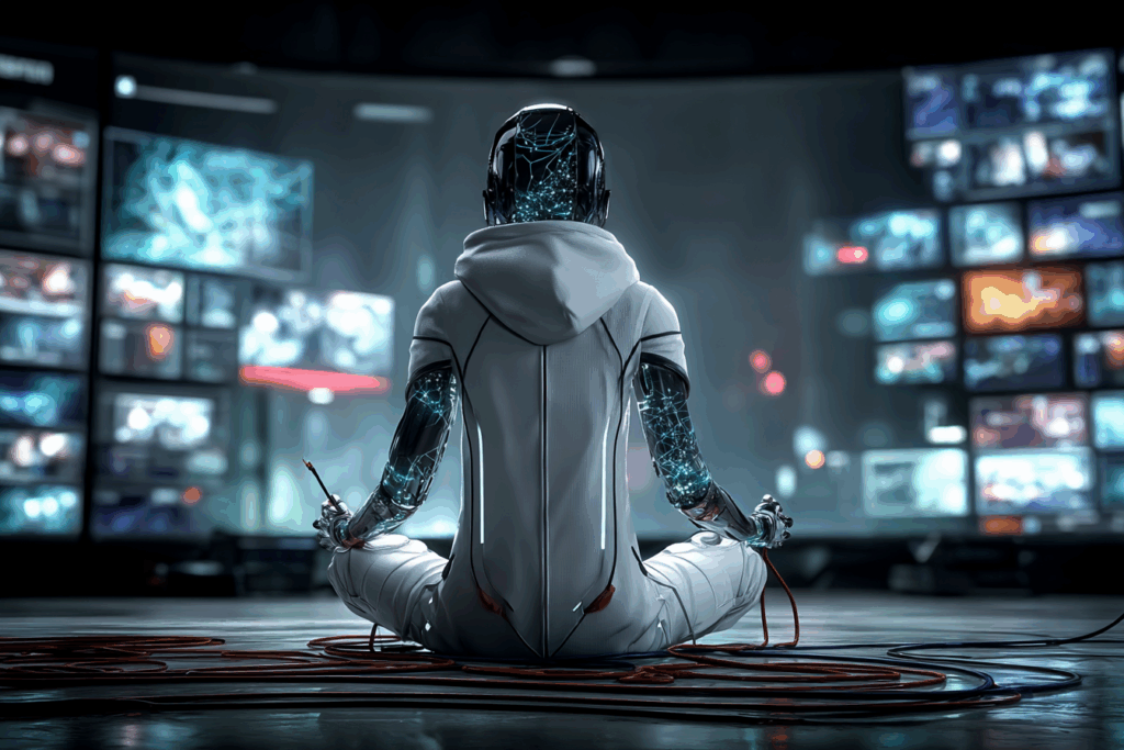 A humanoid robot sits cross-legged before a wall of glowing screens, wires trailing from its body.