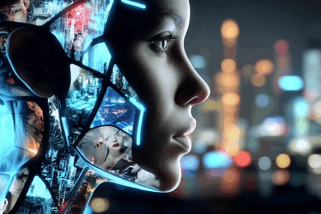 A human-like face made of digital fragments and reflections of photographs, suggesting memory and imitation within technology.