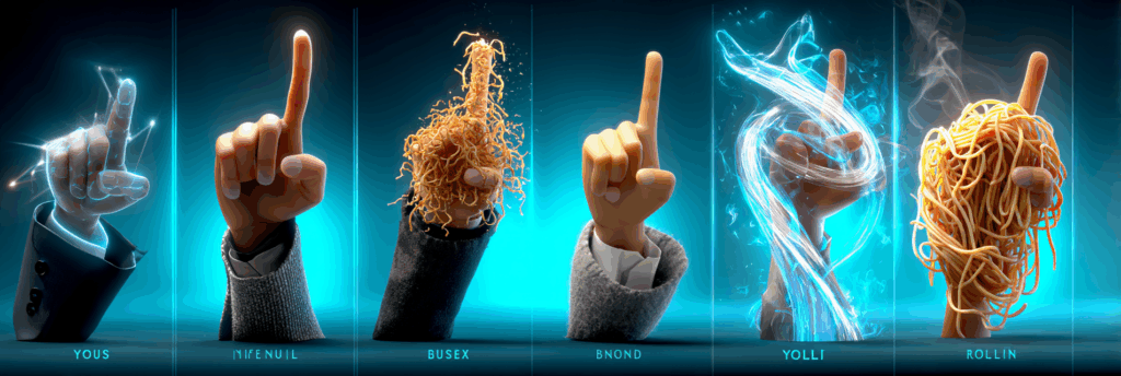 A surreal lineup of hands pointing upward, some made of light, some covered in noodles, parodying AI’s failed attempts at rendering fingers.