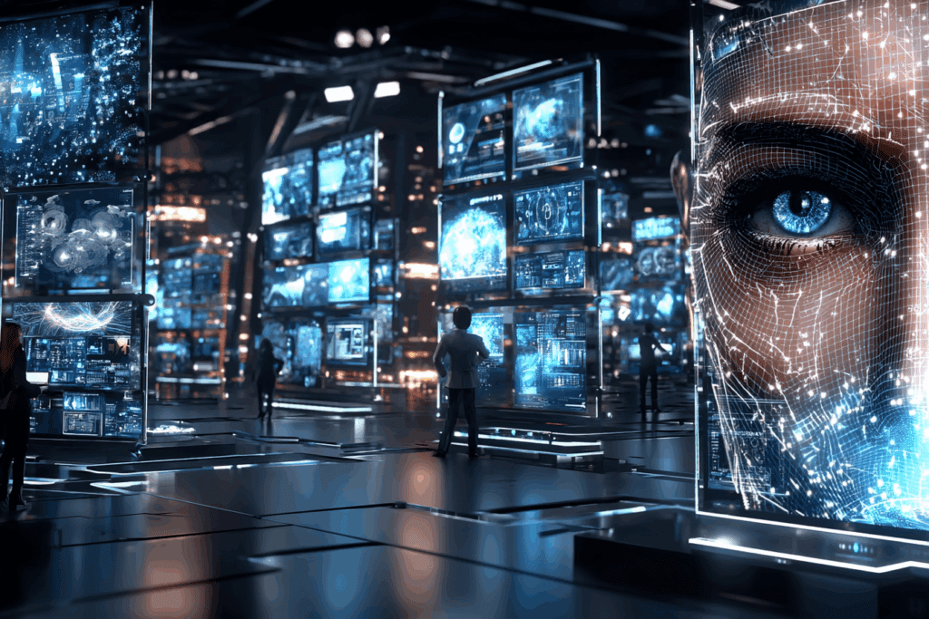 A futuristic newsroom filled with holographic screens displaying data, maps, and digital faces. People stand among the glowing panels, one large AI face dominating the scene, symbolizing the merging of human media and machine perspective.