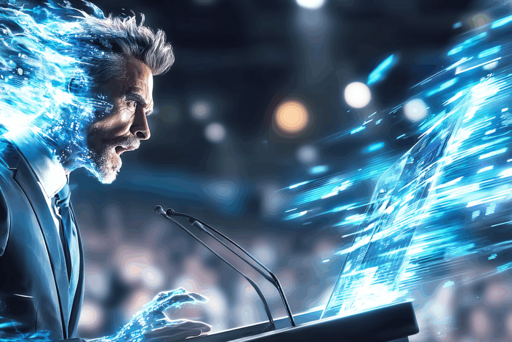 A middle-aged man at a podium mid-speech, his body transforming into streaks of blue data as if dissolving into his own presentation.