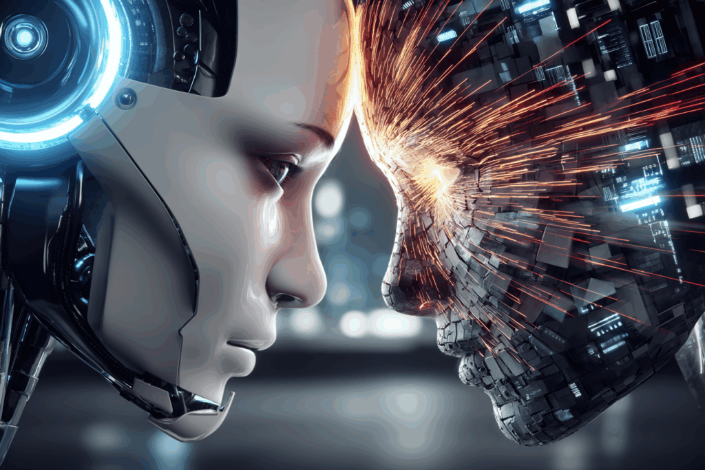 Two robotic faces meet in close profile, sparks and data flowing between them.