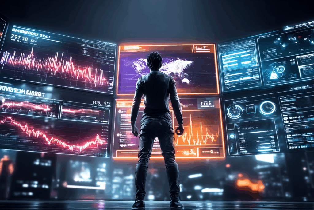 A lone figure stands before a wall of glowing data screens filled with charts, maps, and analytics, symbolizing humanity overwhelmed by the illusion of machine intelligence.