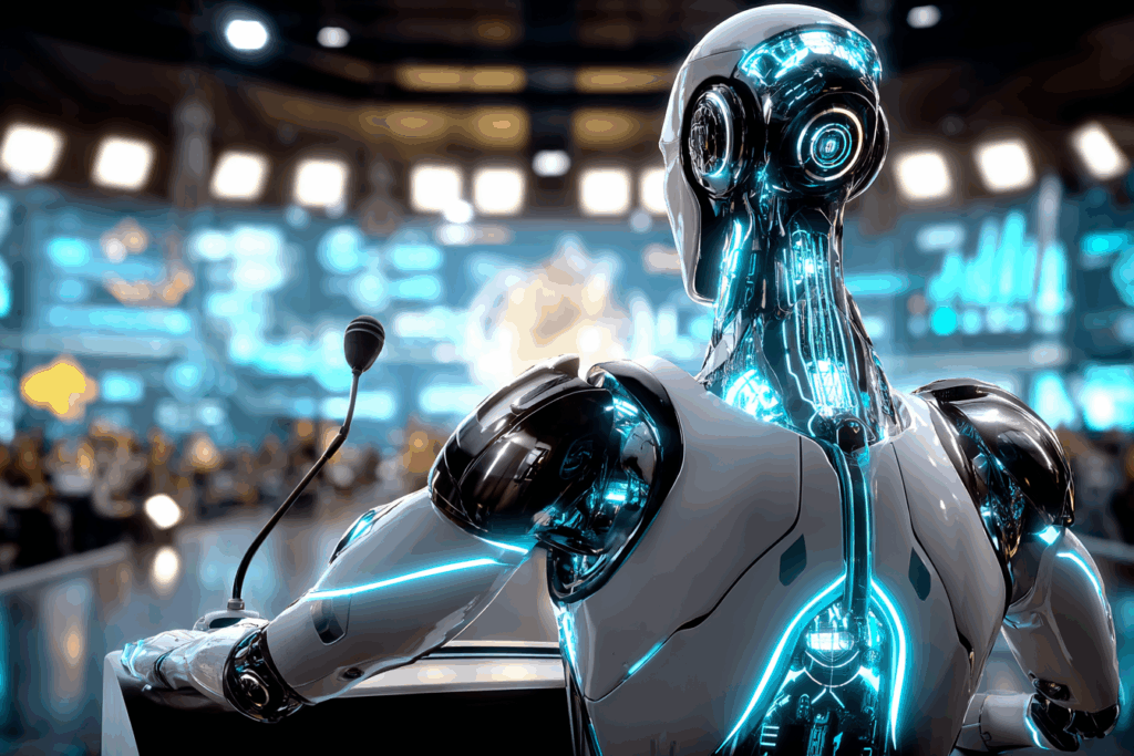 A humanoid robot stands at a podium addressing a crowd, glowing circuits visible through its back.