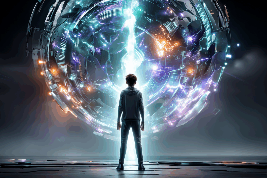 A solitary human figure stands before a vast glowing data sphere made of light and circuitry, radiating complexity and mystery.