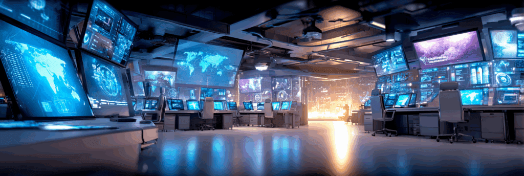 A large high-tech control room filled with glowing blue digital maps and holographic screens, empty chairs, and a panoramic night-city view through tall windows.