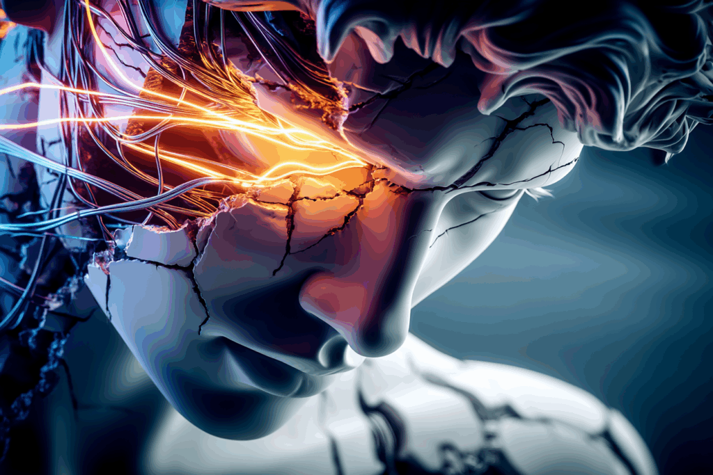 A cracked marble face infused with glowing wires and light, a sculpture merging human fragility with machine circuitry.