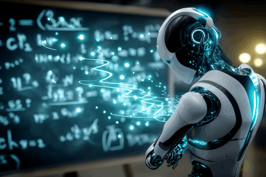 A humanoid robot studies a chalkboard filled with glowing equations, surrounded by blue light as if trying to grasp an unsolvable problem.

Caption: