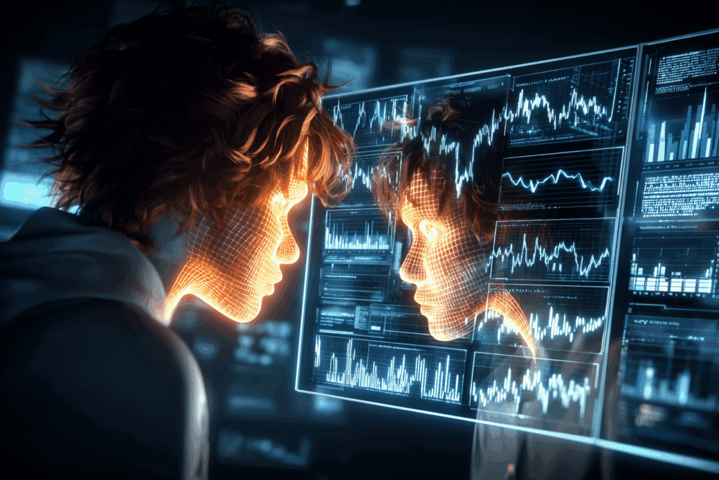 A person’s face reflected in a digital screen filled with glowing graphs and code, both human and holographic profiles overlapping.