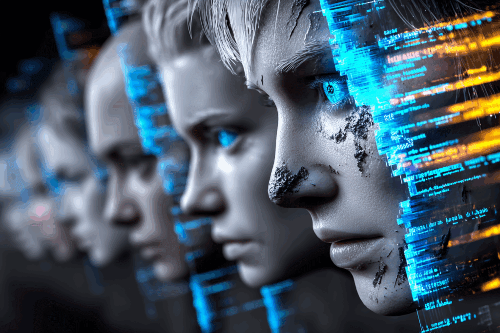 A row of identical AI faces staring forward, fragments of blue code reflected across their skin.
