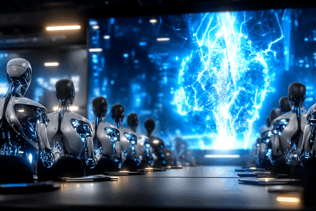 Rows of identical humanoid robots seated in a dark conference hall, staring at a glowing neural network projected on a screen.