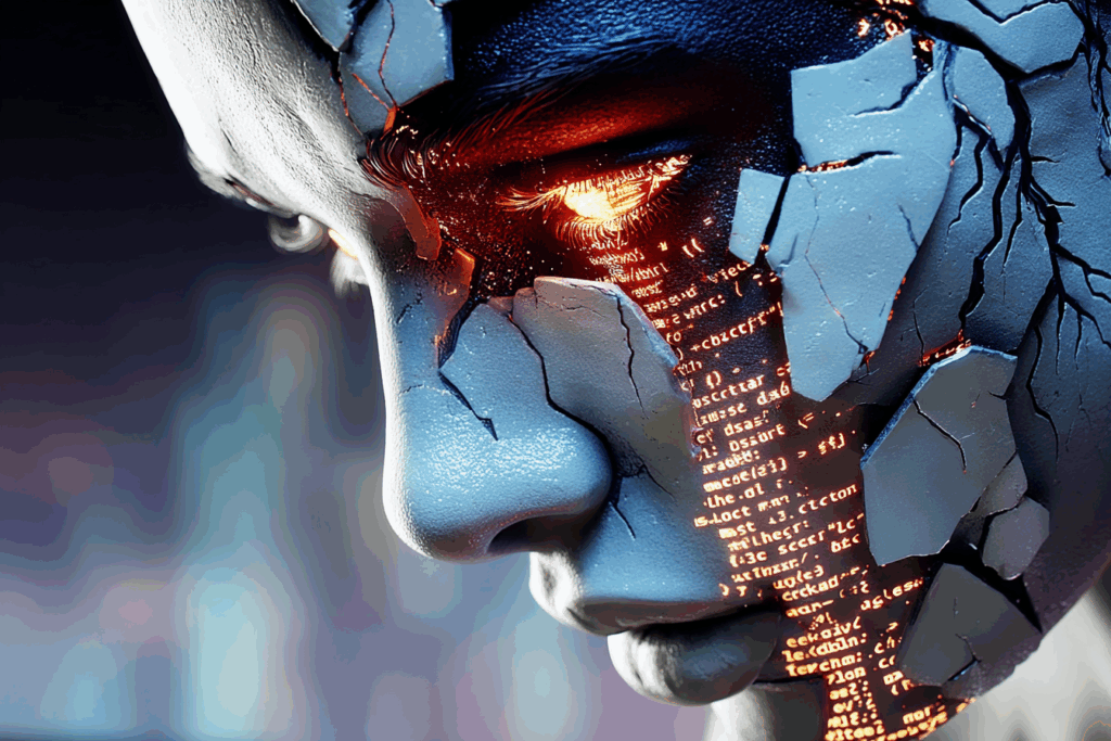 Close-up of a cracked metallic face with glowing circuitry beneath, an artificial eye burning with orange light behind the fractures.