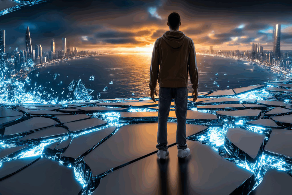 A person stands at the edge of a fractured digital landscape overlooking a glowing city at dawn.
Caption: Wisdom begins where the dashboards end.