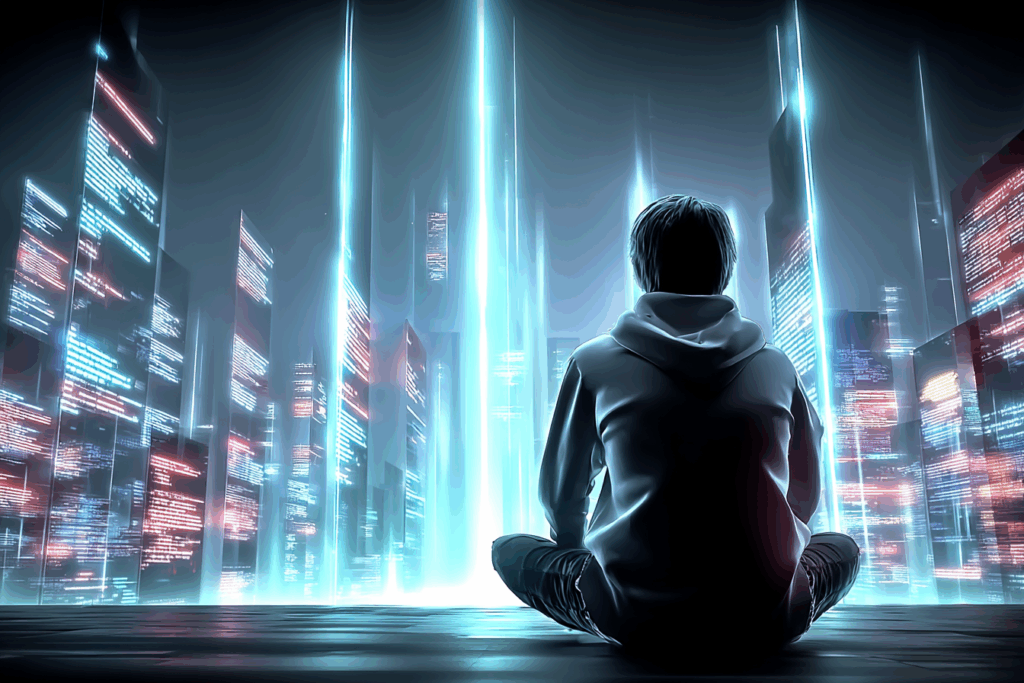 A solitary figure sits in silence before a glowing digital city skyline, bathed in blue light.